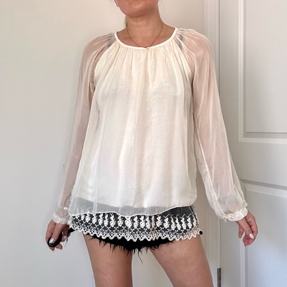 Long Sleeve Silk Blouse with Lace Trim - Picture 3 of 7